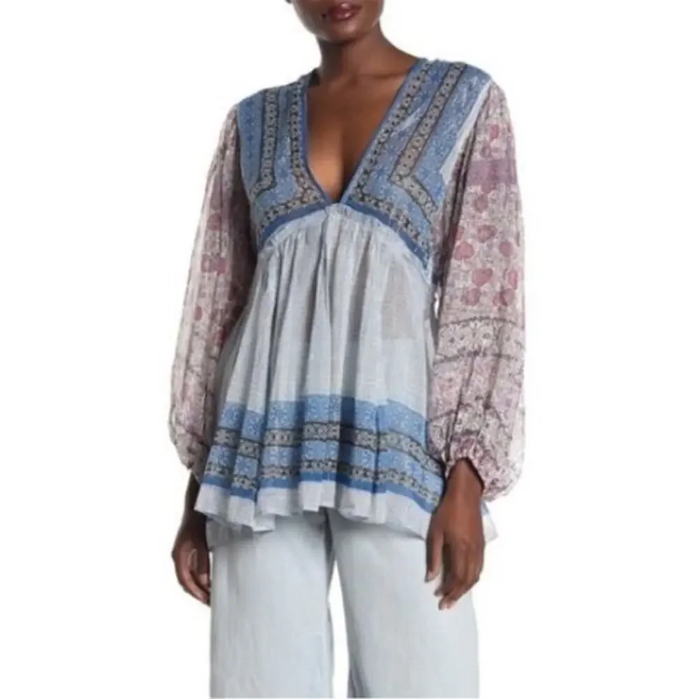 Free People Bohemian Aliyah Printed Long Sleeve Sheer Tunic Top (S)
